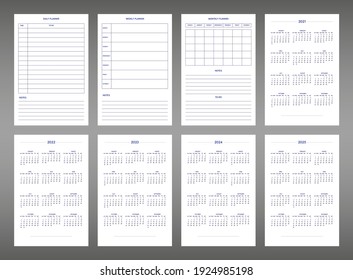 2022 2023 2024 2025 calendar daily weekly monthly personal planner diary template in classic strict style. individual schedule in minimal restrained business design. Week starts on sunday