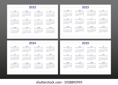 2022 2023 2024 2025 calendar set in classic strict style. wall table calendar schedule, minimal restrained business design for notebook and planner. Week starts on sunday