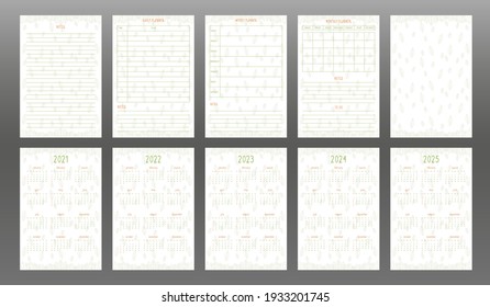 2022 2023 2024 2025 calendar and daily weekly monthly personal planner. Green hand drawn leaves, cute cartoon girly childish eco natural style. Week starts on sunday