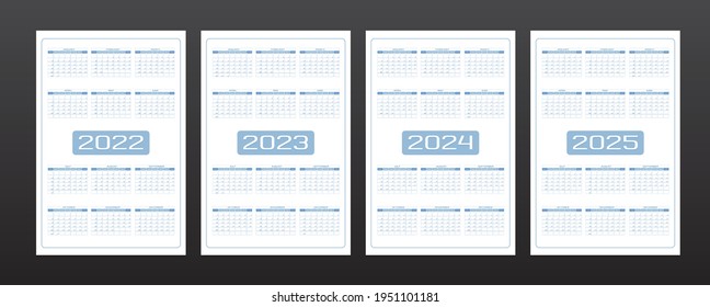 2022 2023 2024 2025 calendar set in minimalistic urban trendy style. rounded streamlined shape gray blue color. week starts on Sunday.