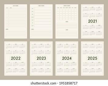 2022 2023 2024 2025 calendar daily weekly monthly personal planner diary template minimalist trendy style, pastel beige olive natural color palette. Week starts on sunday