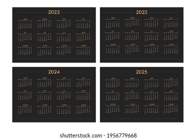 2022 2023 2024 2025 calendar set in classic strict style. wall table calendar schedule, minimal restrained business design for notebook and planner. Week starts on sunday