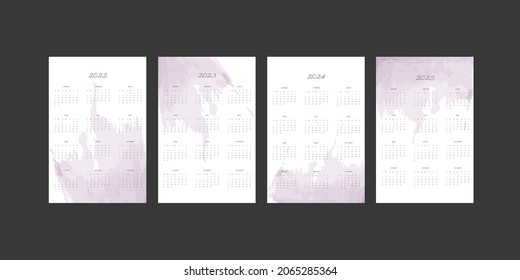 2022 2023 2024 2025 calendar collection with calligraphic font and gentle abstract watercolor brush stroke effect. Week starts on Sunday