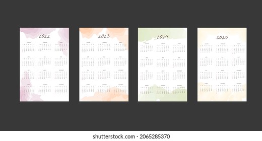 2022 2023 2024 2025 calendar and daily weekly monthly planner collection with abstract watercolor elements. Week starts on Sunday