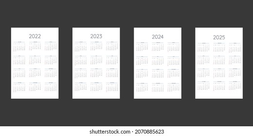 2022 2023 2024 2025 Calendar Template Stock Vector Royalty Free 2070885623 Shutterstock