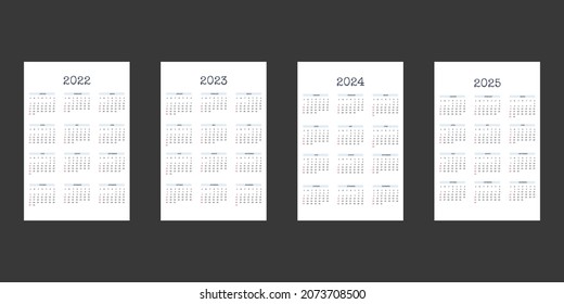 2022 2023 2024 2025 plantilla de calendario en estilo estricto clásico con tipo de letra escrito. Calendario mensual calendario individual minimalismo diseño restringido para bloc de notas de empresa. La semana comienza el domingo