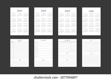 2022 2023 2024 2025 calendario y plantilla diaria semanal mensual de agenda personal de planificación en estilo clásico estricto. Calendario mensual de calendario individual para bloc de notas de empresa. La semana comienza el domingo