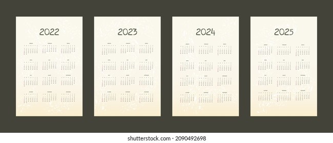 2022 2023 2024 2025 calendar vertical template in cute simple style with textured effects. Week starts on sunday