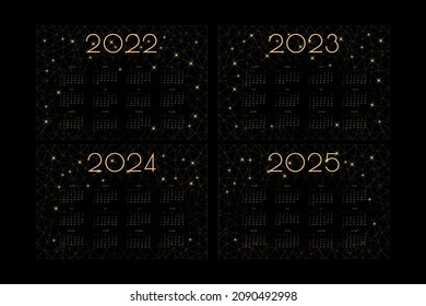 2022 2023 2024 2025 calendar with luxury gold low poly mosaic triangles and shiny stars on horizontal black background