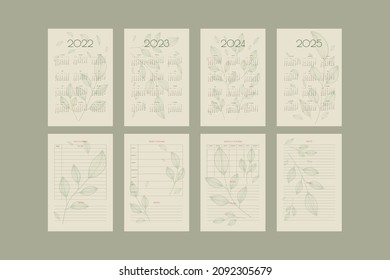 2022 2023 2024 2025 calendar and planners collection with hand drawn leafs and branchs, planner organizer template in green natural eco style 