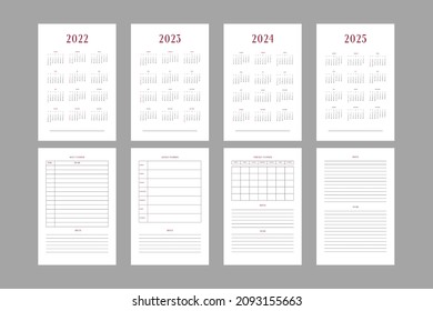 2022 2023 2024 2025 calendar and daily weekly monthly personal planner diary template. Monthly calendar individual schedule minimalist design for business notebook