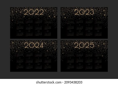 2022 2023 2024 2025 calendar with luxury gold shiny glitter and flares, rich horizontal design for wall or table calendar planner