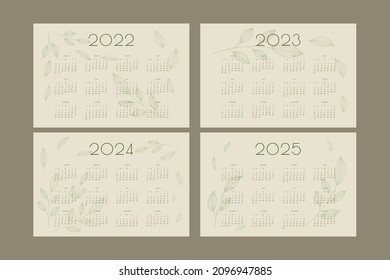 2022 2023 2024 2025 calendar with hand drawn leafs and branchs, planner organizer template in green natural eco style.