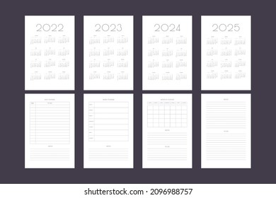 2022 2023 2024 2025 calendar and daily weekly monthly personal planner diary template. Monthly calendar individual schedule minimalist design for business notebook. Week starts on sunday