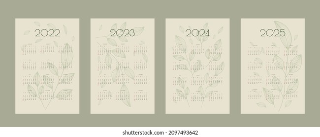 2022 2023 2024 2025 calendar with hand drawn leafs and branchs, planner organizer template in green natural eco style, vertical format