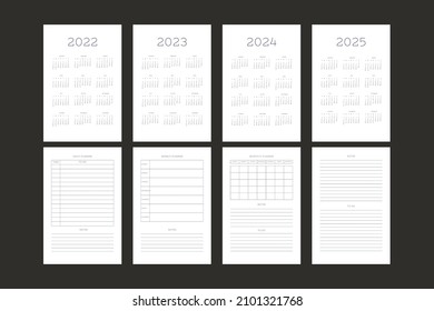 2022 2023 2024 2025 calendario y plantilla diaria mensual de agenda personal de planificación. Diseño minimalista de programación individual de calendario mensual para portátiles de empresa. La semana comienza el domingo