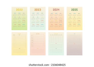 2022 2023 2024 2025 calendar and planner to do list collection with multicolor cute childish design