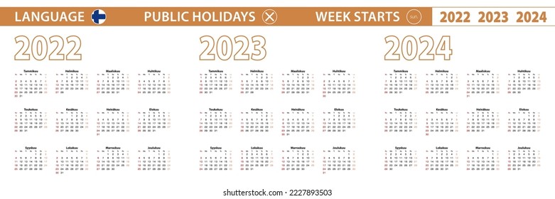 2022, 2023, 2024 year vector calendar in Finnish language, week starts on Sunday. Vector calendar.