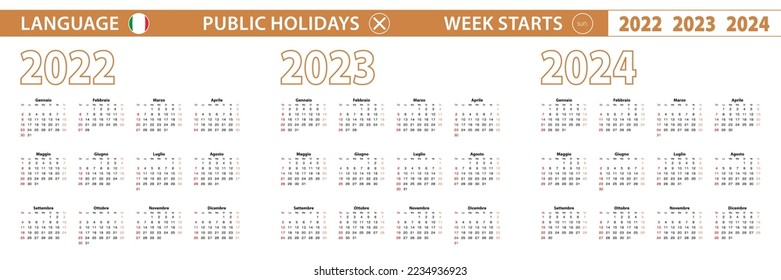 2022, 2023, 2024 año calendario vectorial en italiano, la semana comienza el domingo. Calendario vectorial.
