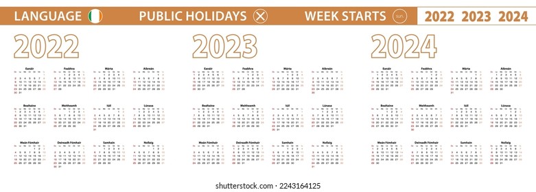 2022, 2023, 2024 año calendario vectorial en irlandés, la semana comienza el domingo. Calendario vectorial.