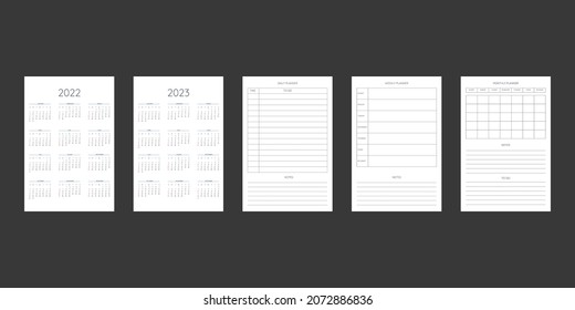 2022 2023 calendar and daily weekly monthly personal planner diary template in classic strict style. Monthly calendar individual schedule for business notebook. Week starts on sunday