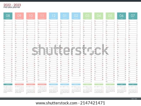 2022 - 2023 mid year wall planner. Academic year. Perfect for home schooling plan, schedule. Organizer, yearly planner template. Vector illustration. Vertical months. One page. Set of 12 months.
