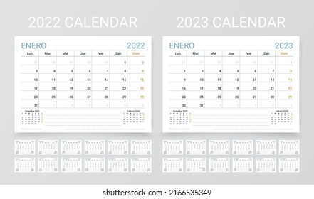 2022 2023 Spanish calendars. Planner template. Week starts Monday. Calender layout with 12 month. Yearly stationery organizer. Table schedule grid. Horizontal monthly diary. Vector simple illustration