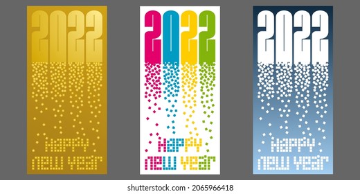 2022 - 3 height cards or flyer in different colors for the new year with a graphic imagined from the pixel. 