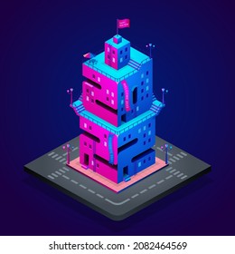 2022 3D Isometric Building Typography, Colorful Building of Number 2022 at Night, Happy New Year Illustration.