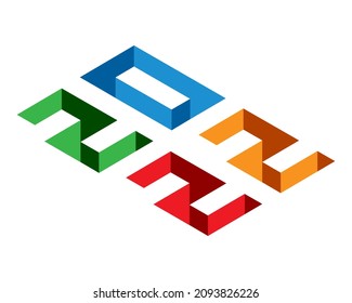 2022 3d numbers colored isolated on white background. Depth effect. Modern isometric form for concept design, festive decor, poster, banner, postcard, card, web. Memphis style. Vector illustration.