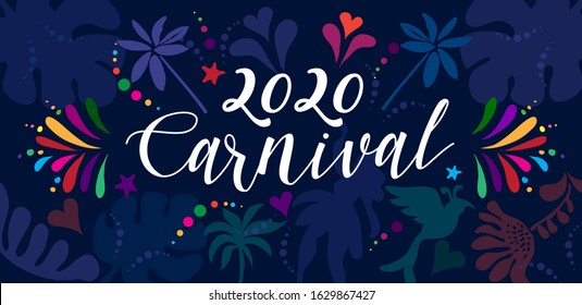 2022 Abstract Carnival Mardi Gras Music Festival Ethnic Pattern Tropical Palm Tree Leaves, Samba Parade Dancer, Floral Exotic Jungle Banner Rio Brazil, New Orleans, Caribbean, Notting Hill Batucada