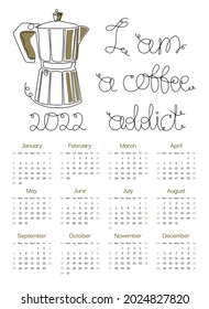 2022 abstract coffee сalendar design in A4 format, week starts on Sunday, page template. Monthly Wall Calendar 2022. Set of 12 months. Vector illustration