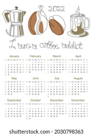 2022 abstract coffee сalendar design in A4 format, week starts on Sunday, page template, monthly wall calendar 2022, set of 12 months. Vector illustration