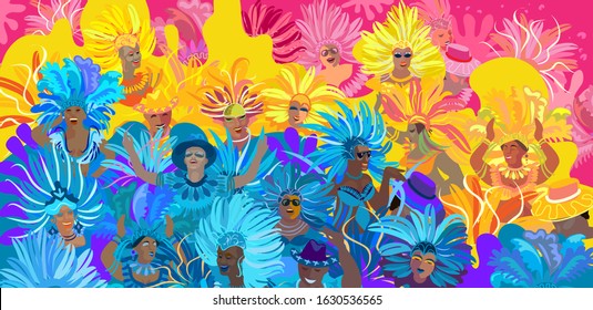 2022 Abstract Rio Brazilian Carnival Music Dance Festival Night Party Happy People Samba Dancer Parade Sambadrome, New Orleans Mardi Gras, Notting Hill, Venezia Costume Exotic Tropical Vector Brochure