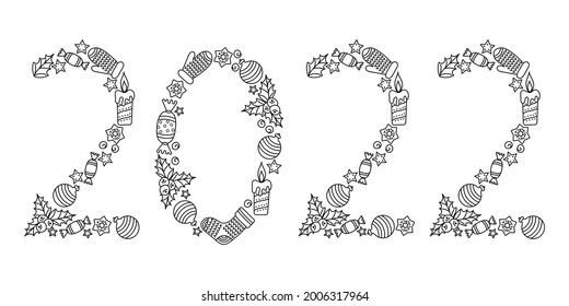 2022 adult coloring book for adults and older children. Handwritten number for new year card. relaxation therapy. Vector illustration for coloring page