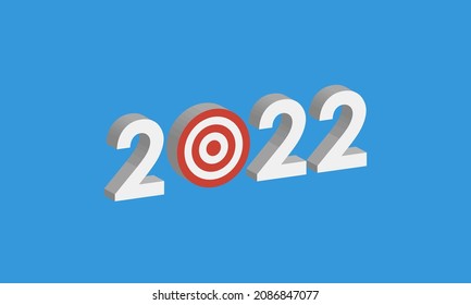 2022 with aim circle, new year goals concept, 3d vector isometric illustration