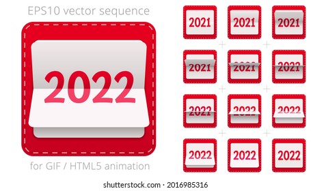 2022. Animated flip calendar for announcing New Year's events. Banner with a date flipper. Red and white 3D icon of counter. Vector sequence for GIF, HTML, flash animation. Sprite sheet of 12 frames.