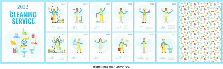 2022 annual calendar template with cleaning company employees. A man and a woman in the uniform of cleaning service cleaners.