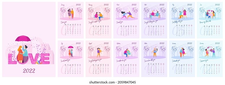 2022 annual calendar template with heterosexual couple in love. Romantic meeting on a bench on date in the spring city park