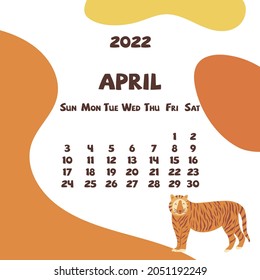 2022 april calendar with abstract shapes and tiger. Colorful modern calendar with trending colors, monthly planner. Vector hand drawn illustration. Modern simple design. Spring month