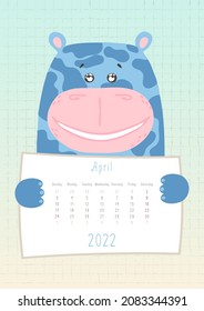 2022 april calendar, cute hippo animal holding a monthly calendar sheet, hand drawn childish style