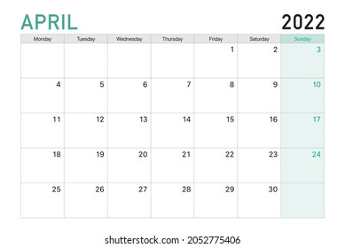 2022 Abril ilustraciones semana calendario de escritorio de vectores empiezan el lunes en verde claro y blanco tema