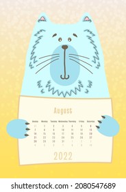 2022 august calendar, cute cat animal holding a monthly calendar sheet, hand drawn childish style.