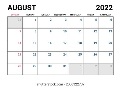 2022 August Calendar Vector illustration