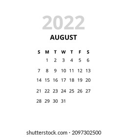 2022 August Month Calendar. Vector Illustration of Time Numbers.