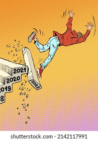 2022 is a bad year. A man falls into the abyss from the steps of years. Pop Art Retro Vector Illustration 50s 60s Kitsch Vintage Style