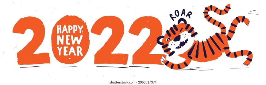 2022. Banner or card with a funny tiger for Chinese Happy New Year 2022. Concept for Year of the Tiger. Creative hand drawn vector illustration for invitation. Black and orange colors.