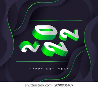 2022 Banner- oder Poster-Design mit 3D-Zahlen in Weiß und Grün Farbverlauf auf schwarzem Hintergrund. Vorlage für Neujahrsfeiern für Flyer, Poster, Broschüre, Karte, Banner oder Postkarte