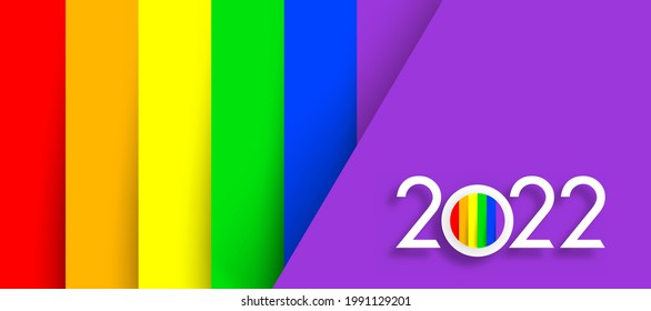 2022 banner with tolerant flag. The background is bright with a rainbow flag inscription 2022 for calendar, diary or planner. Bright banner for the new year 2022.