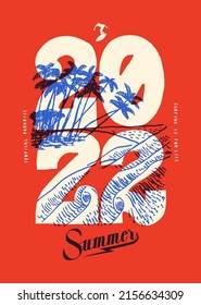 2022 beach. Tropical beach with palm trees and waves and large 2022 numbers all over . 2022 tropical beach vacation vintage typography silkscreen t-shirt print vector illustration.